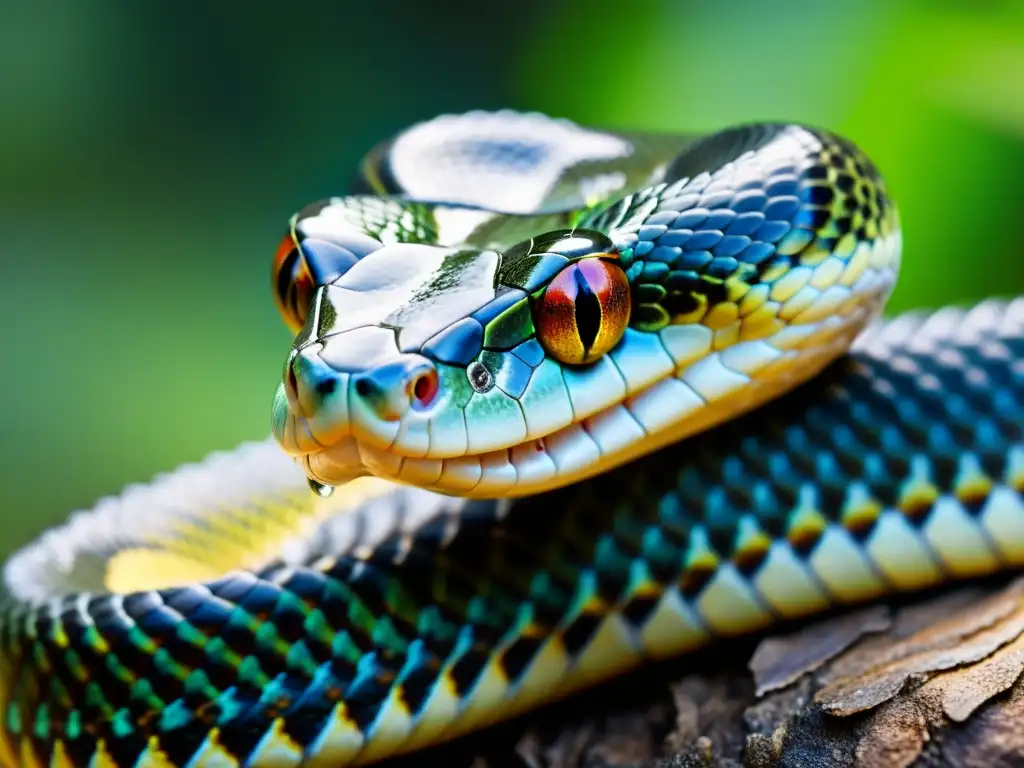 Detalle asombroso de la lengua bífida de una serpiente, capturando su textura e iridiscencia, en su hábitat natural