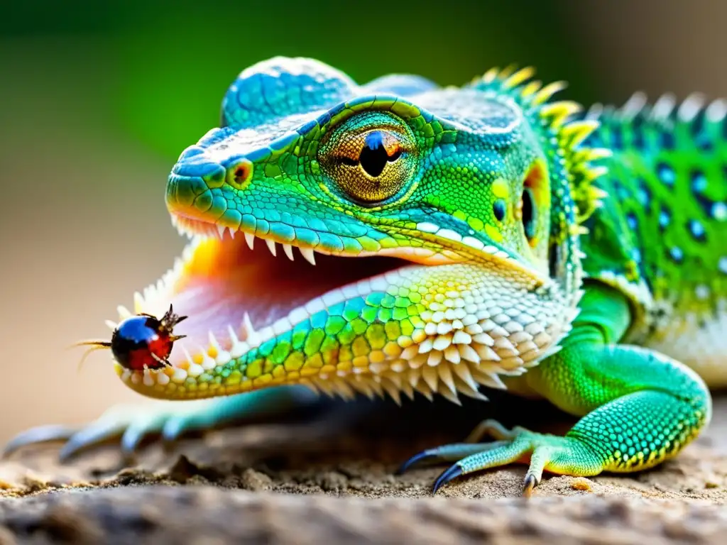 Detalle asombroso de la lengua de un lagarto capturando un insecto, destacando la textura y colores vibrantes de su piel