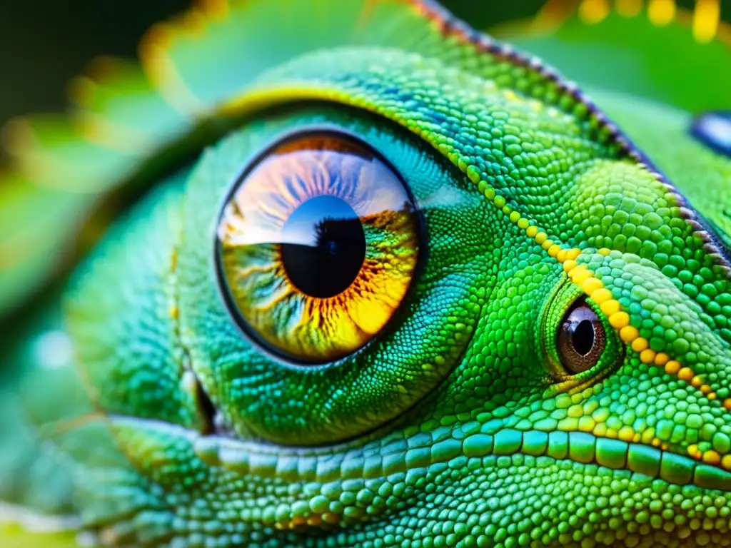 Detalle asombroso del ojo de un camaleón enfocado en su presa, destacando los métodos de navegación en reptiles