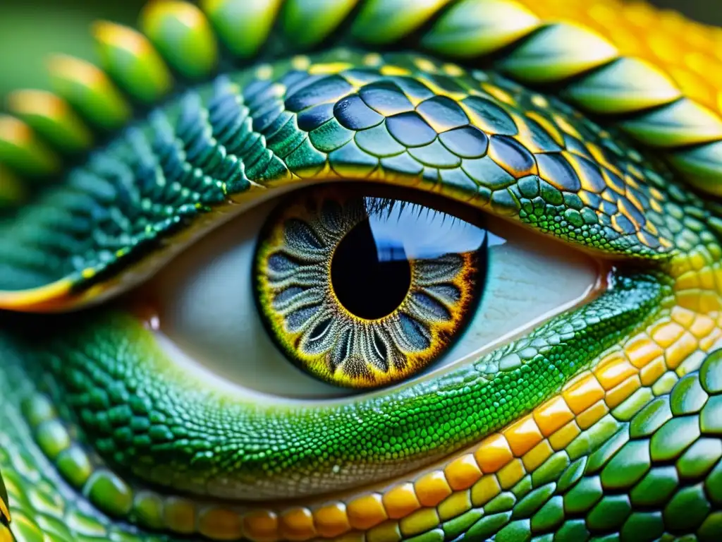 Detalle asombroso del ojo de un reptil, con escamas intrincadas y colores vibrantes