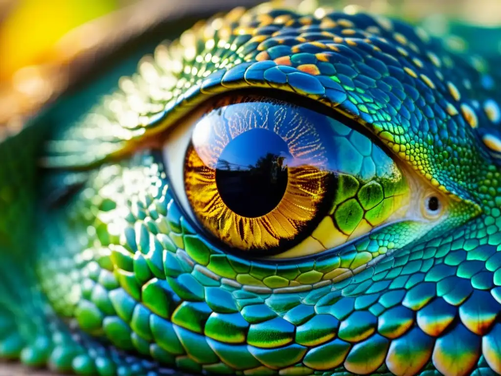 Ojo de reptil hipnótico en primer plano: escamas vibrantes y patrón único Detalle asombroso del ojo de un reptil, con patrones de escamas vibrantes