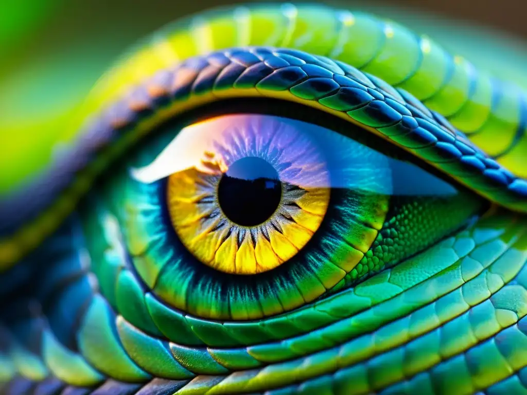 Detalle asombroso del ojo de una serpiente, revelando su visión ultravioleta y la complejidad de su iris