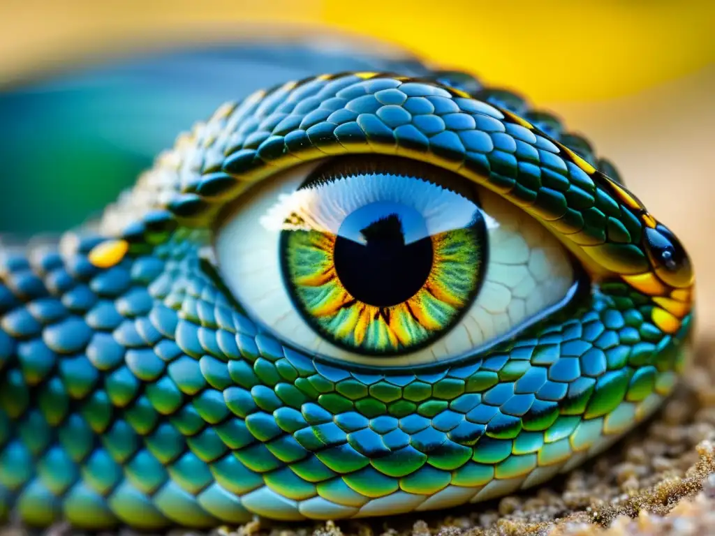 Detalle asombroso del ojo de una serpiente, revelando su patrón de escamas, pupila y superficie reflectante