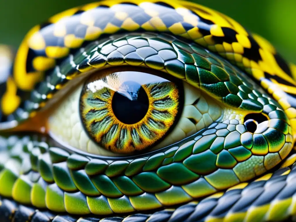 Detalle asombroso del ojo de una serpiente, con un patrón de escamas intrincado y textura, reflejando su entorno