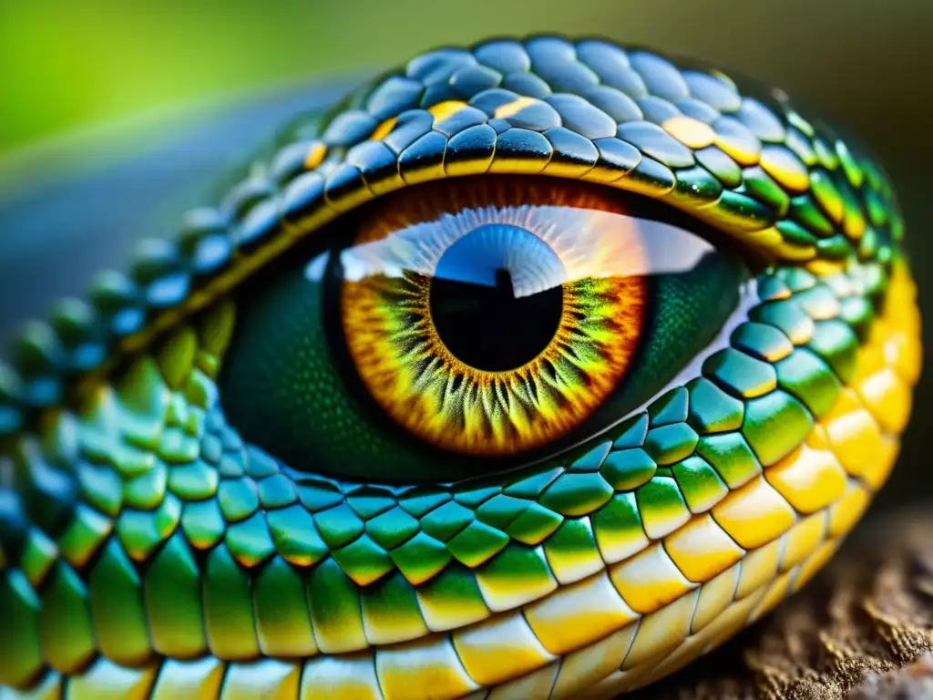 Detalle asombroso del ojo de una serpiente, con sus escalas vibrantes y su mirada alerta, mostrando su percepción ambiental en reptiles