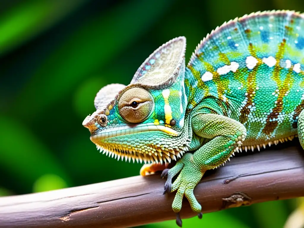 Detalle asombroso de la piel y colores de un camaleón en cautiverio, destacando las etapas del ciclo de vida de los reptiles