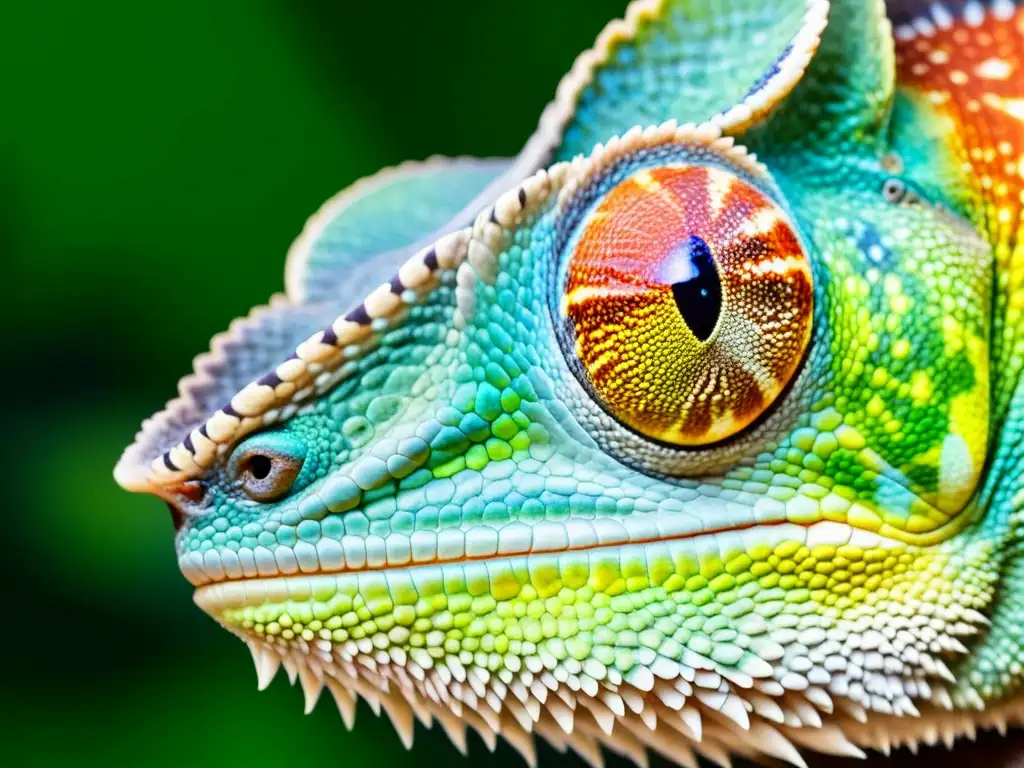 Detalle asombroso de la piel de un camaleón, con sus patrones y colores vibrantes en pleno cambio cromático