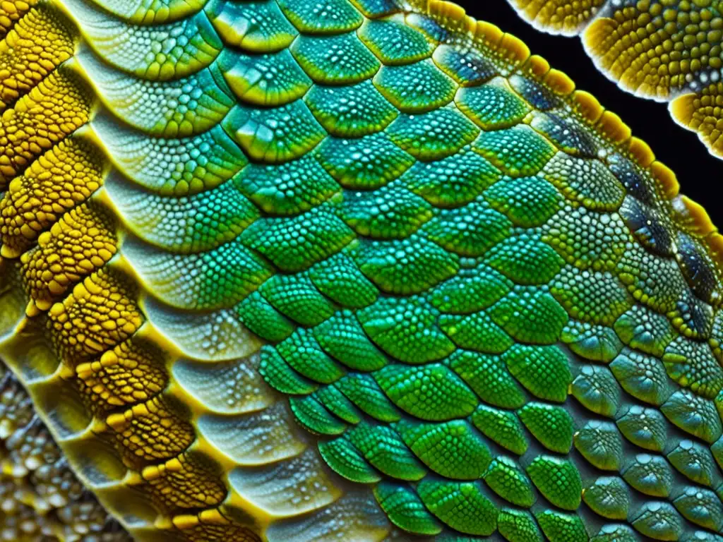 Detalle asombroso de la piel de reptil bajo microscopio, resaltando la importancia de vitaminas para reptiles en su salud