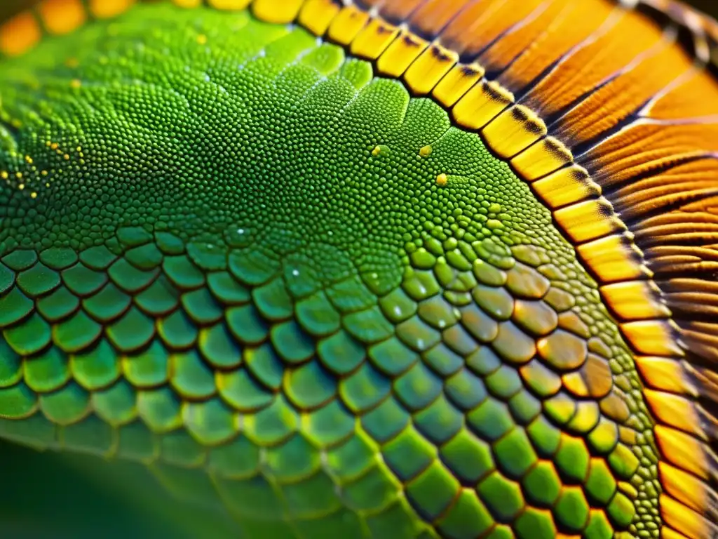 Detalle asombroso de la piel de reptil, con escamas superpuestas en tonos tierra, verde vibrante y toques de amarillo y naranja