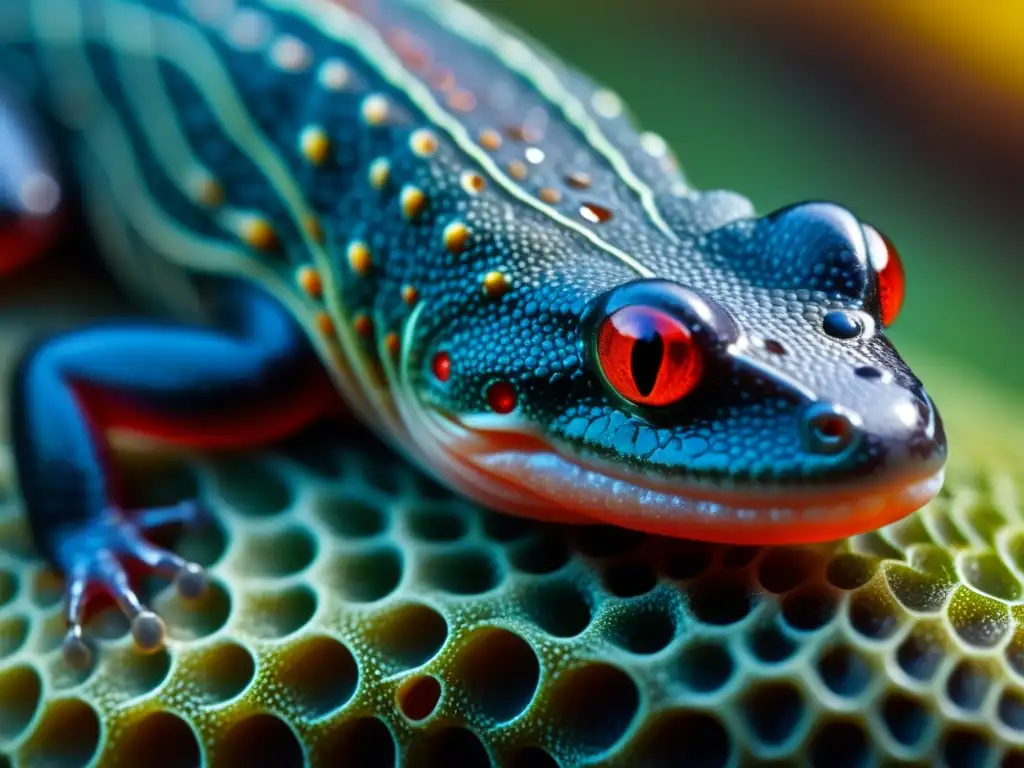 Detalle asombroso de la piel de una salamandra sin pulmones, mostrando su red capilar para respiración de anfibios sin pulmones