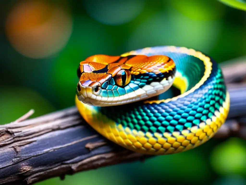 Detalle asombroso de la piel de una serpiente venenosa en una rama, inspirando respeto por la conservación de reptiles venenosos en zoológicos