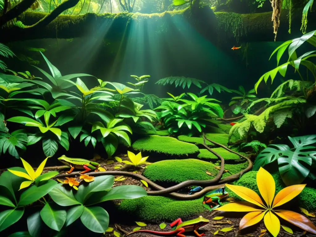 Detalle asombroso del piso de la selva tropical con anfibios y reptiles