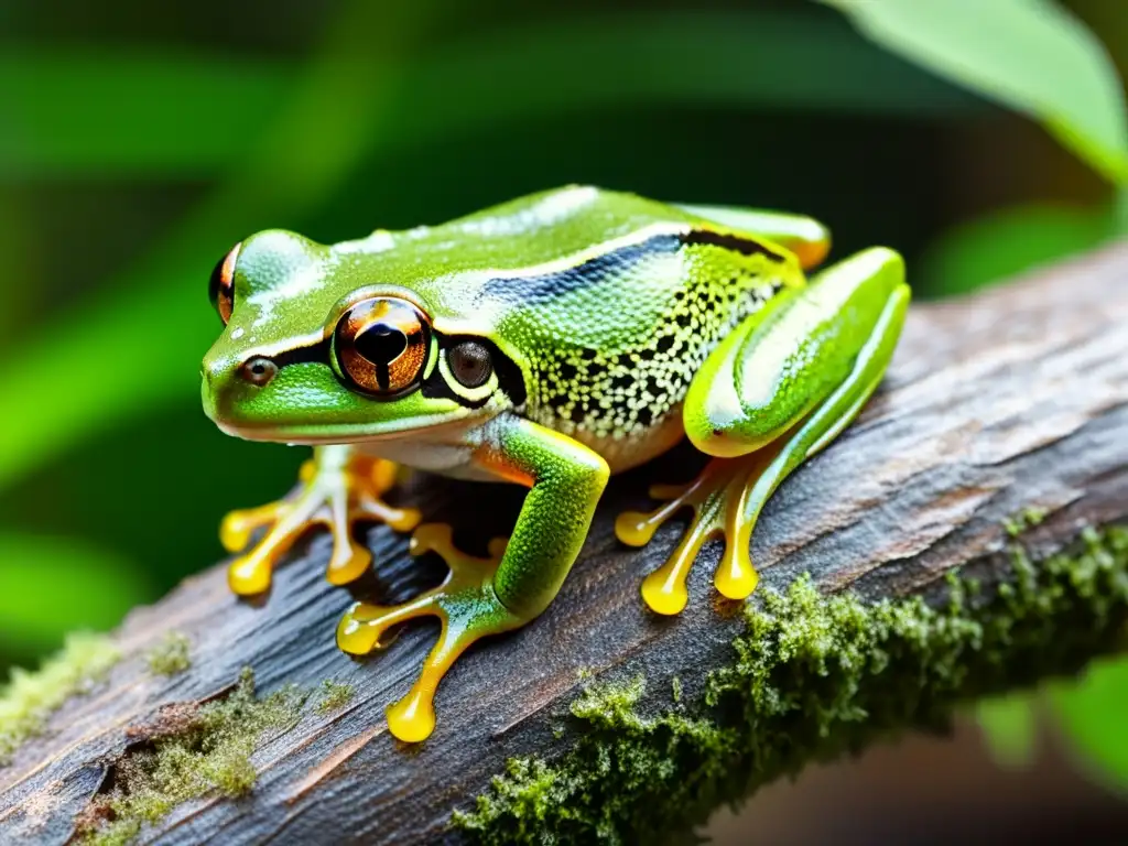 Detalle asombroso de una rana arborícola verde en rama cubierta de musgo