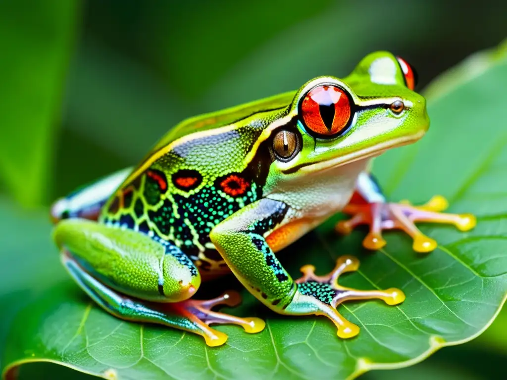 Detalle asombroso de una rana arbórea de ojos rojos en su hábitat natural