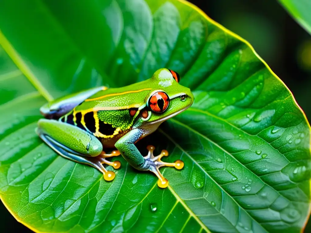 Detalle asombroso de una rana de ojos rojos en su hábitat natural en la selva lluviosa