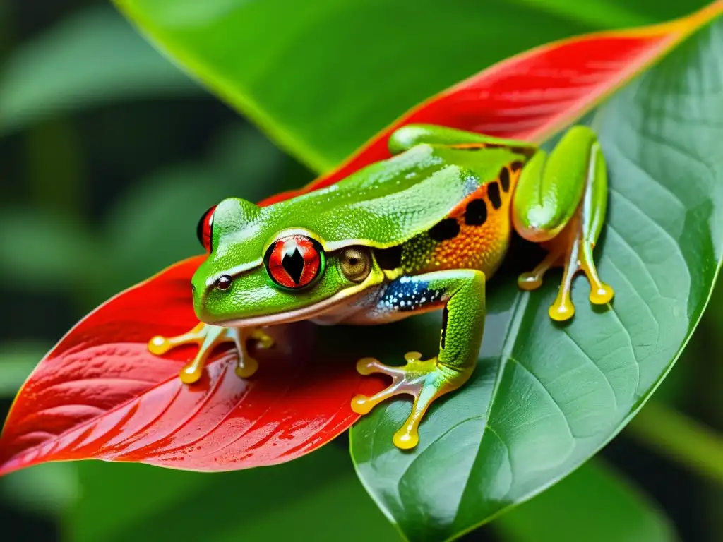 Detalle asombroso de una rana de ojos rojos en su hábitat natural en la selva