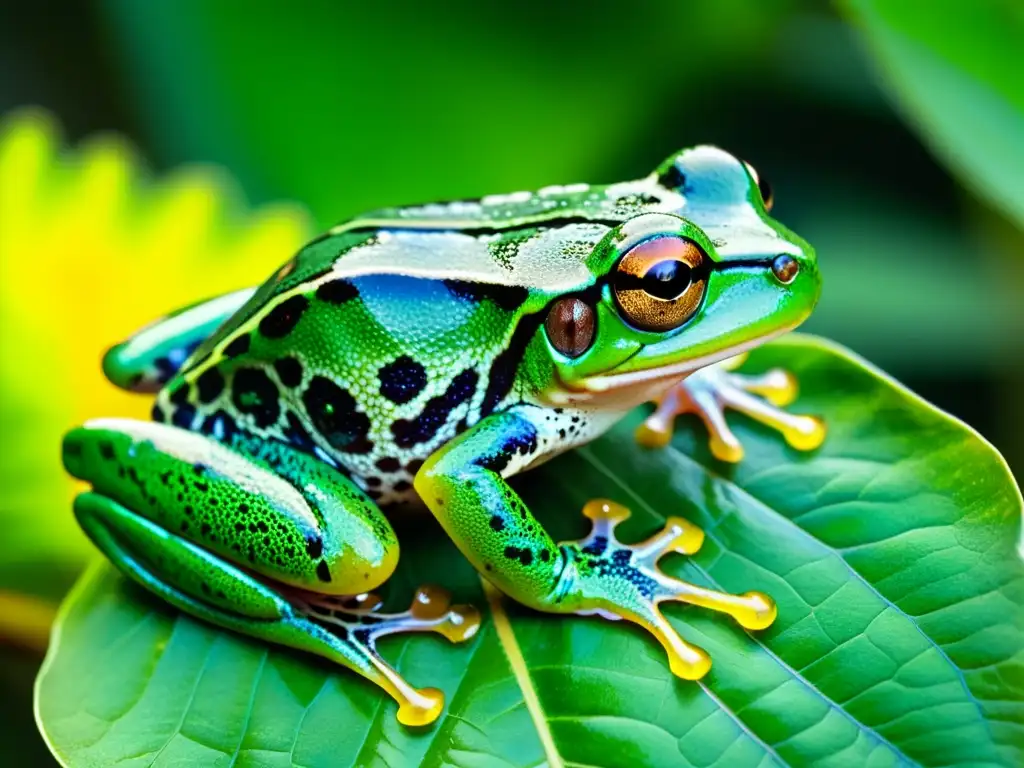 Detalle asombroso de una rana arbórea en la selva tropical, resaltando la importancia de las leyes bienestar animal anfibios