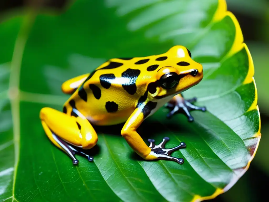 Detalle asombroso de una rana venenosa dorada en la exuberante selva tropical