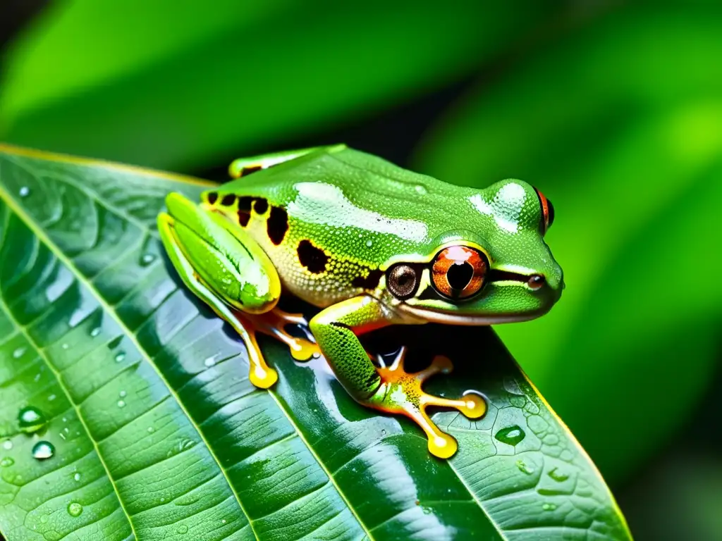 Fotografía hábitats acuáticos anfibios: Detalle asombroso de una rana verde en la exuberante selva, con gotas de agua en su piel