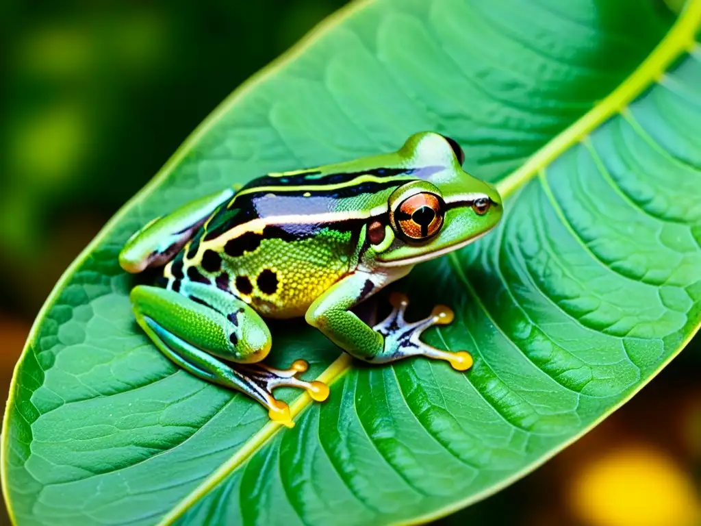 Detalle asombroso de una rana arbórea verde vibrante en su hábitat natural, destacando la conservación genética de reptiles y anfibios