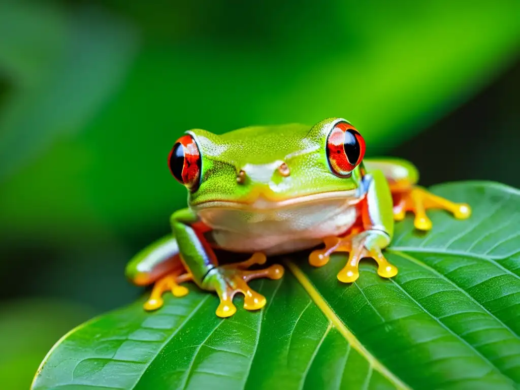 Rana de ojos rojos en detalle: joya del bosque tropical Detalle asombroso de una ranita de ojos rojos en una hoja verde en selva tropical, mostrando la importancia de los anfibios en el ecosistema
