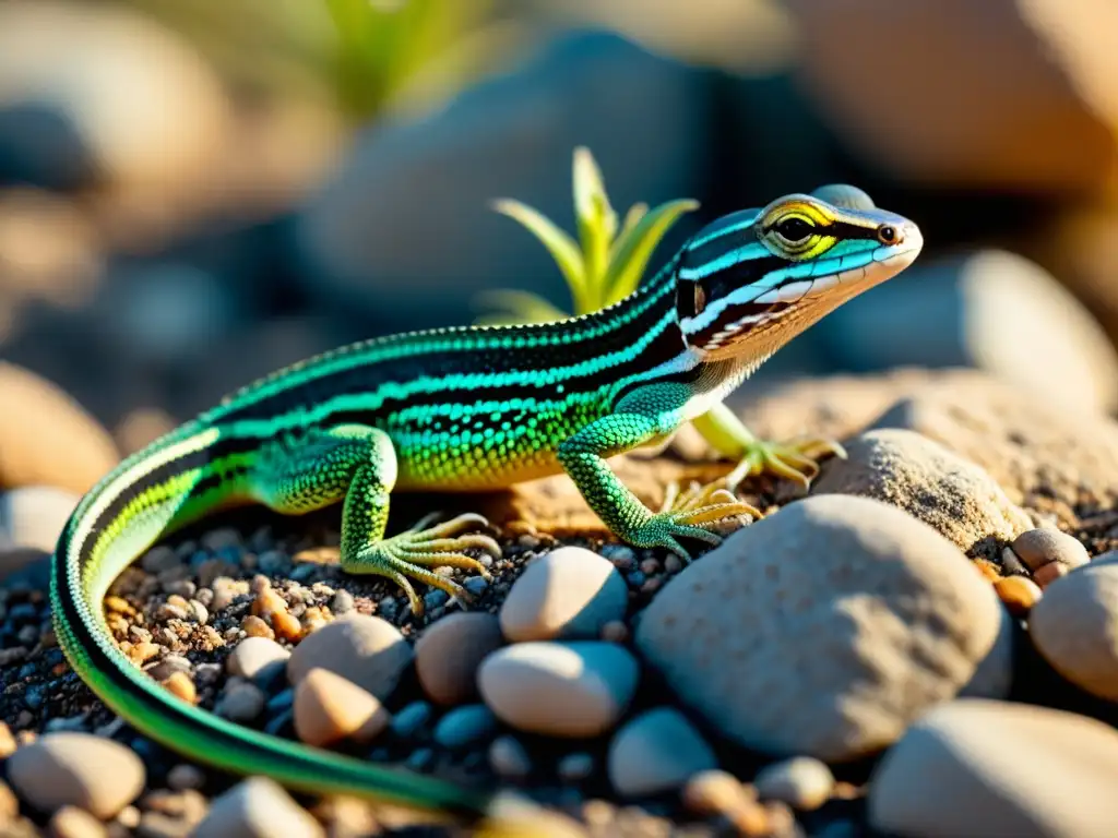 Detalle asombroso de la reproducción asexual en reptiles: una lagartija de cola larga rodeada de rocas y vegetación desértica