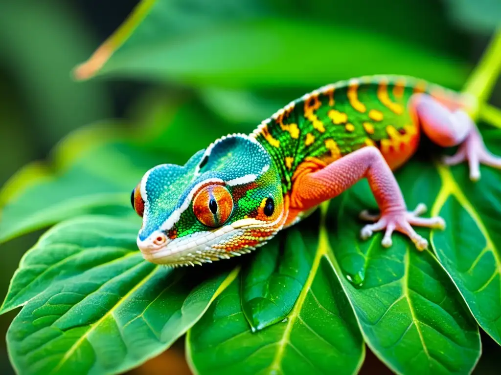 Un detalle asombroso de un reptil colorido en una hoja de repollo