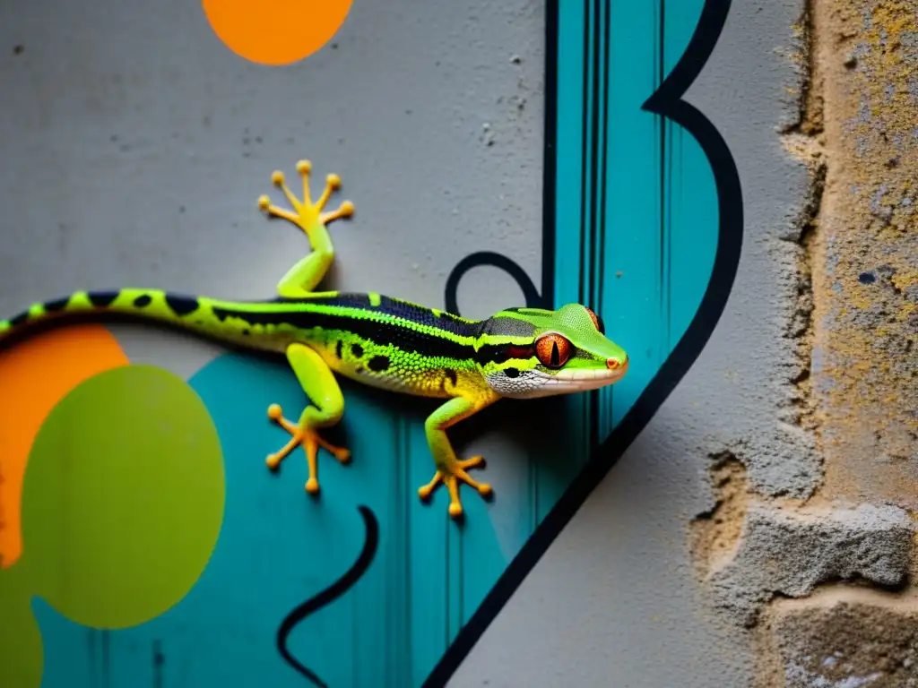 Detalle asombroso de reptil urbano adaptado a concreto graffiteado