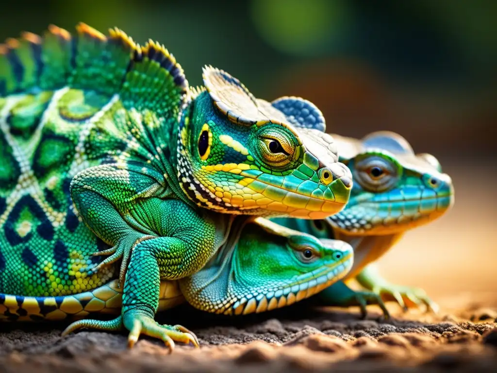 Detalle asombroso de reptiles en apareamiento, destacando sus escamas y miradas intensas