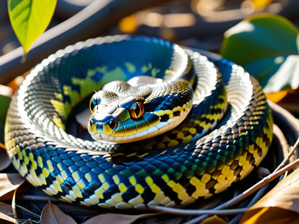 Detalle asombroso de una serpiente entre hojas y ramas en el bosque