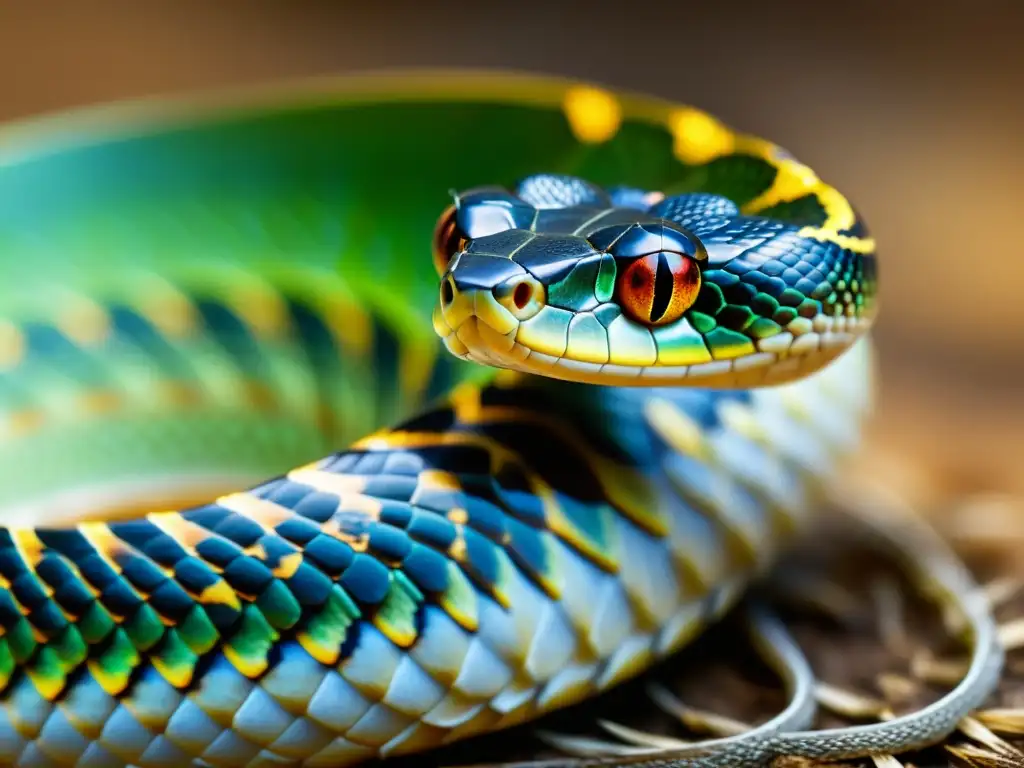 Detalle asombroso de una serpiente mudando su piel, mostrando la importancia de la ecdisis en reptiles con texturas, patrones y iridiscencia