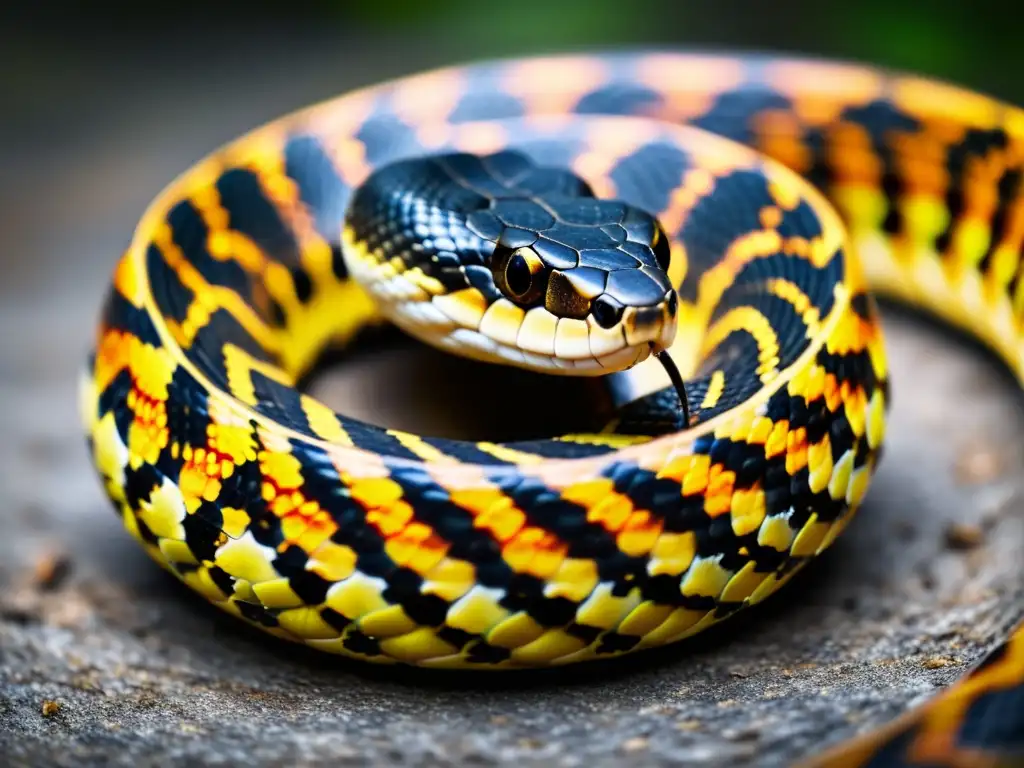 Detalle asombroso de serpiente venenosa lista para atacar con colmillos y veneno