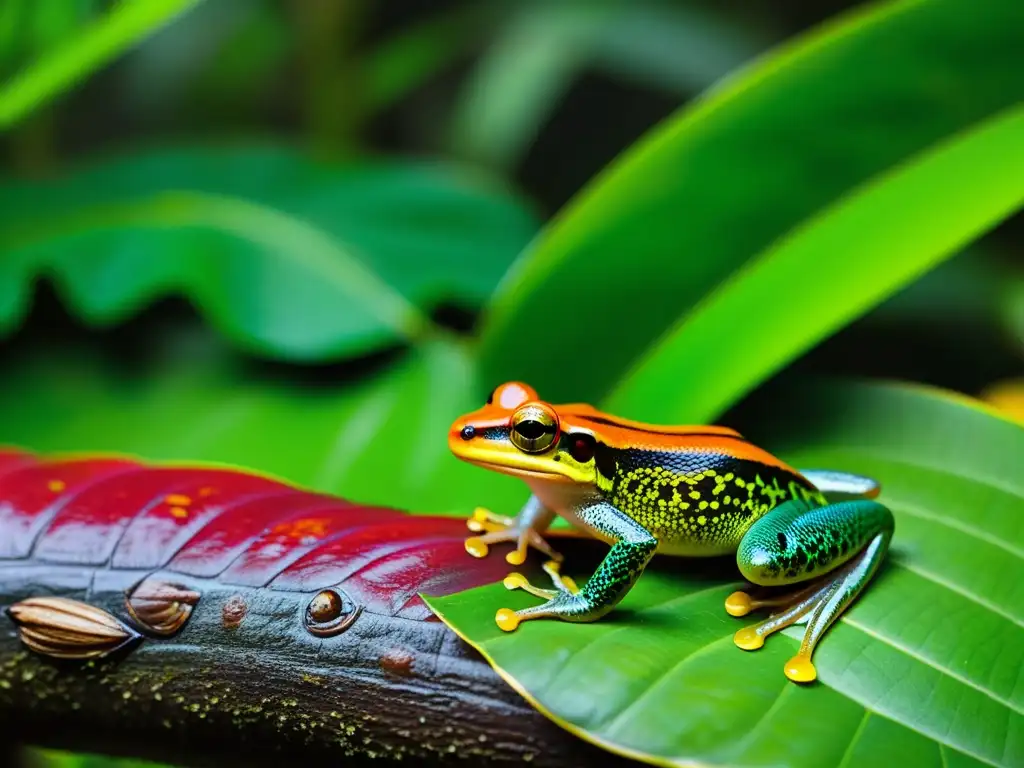 Detalle asombroso del suelo de la selva tropical, con anfibios coloridos camuflados entre la exuberante vegetación