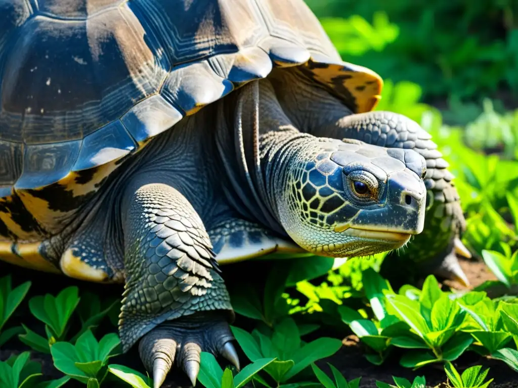 Detalle asombroso de una tortuga gigante de Galápagos en su hábitat natural, resaltando la conservación de tortugas gigantes en Galápagos