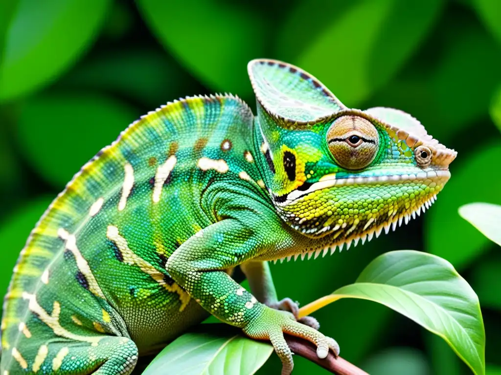 Detalle asombroso de un camaleón verde en su hábitat tropical, mostrando sus efectos de la conquista silente