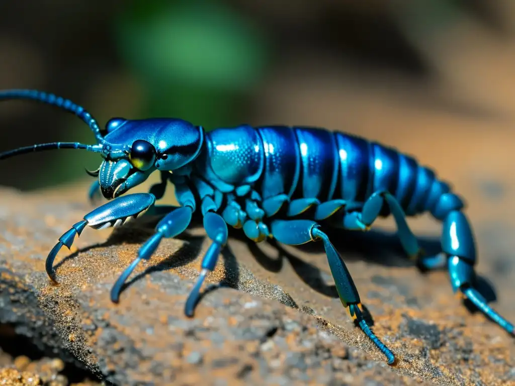 Detalle de un escorpión azul raro en su hábitat natural, destacando la necesidad de conservación del escorpión azul raro