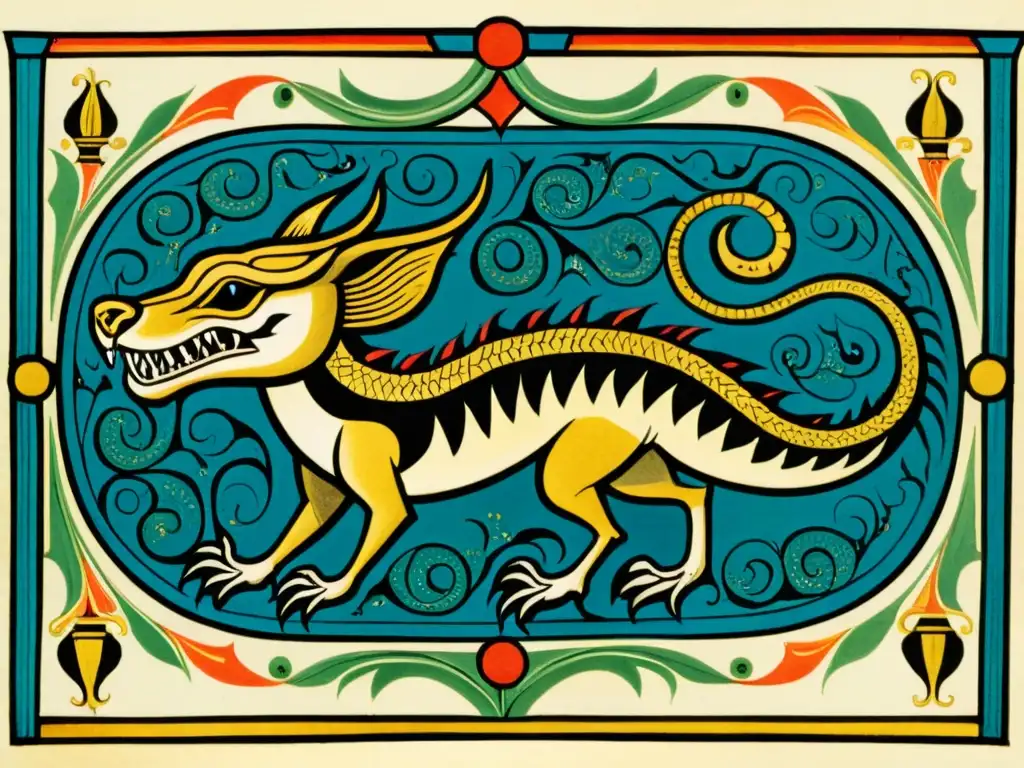 Amphisbaena: Ilustración detallada de bestiario medieval Detalle de ilustración de bestiario medieval con criatura mística amphisbaena, cuerpo de serpiente, ojos amenazantes y patas afiladas