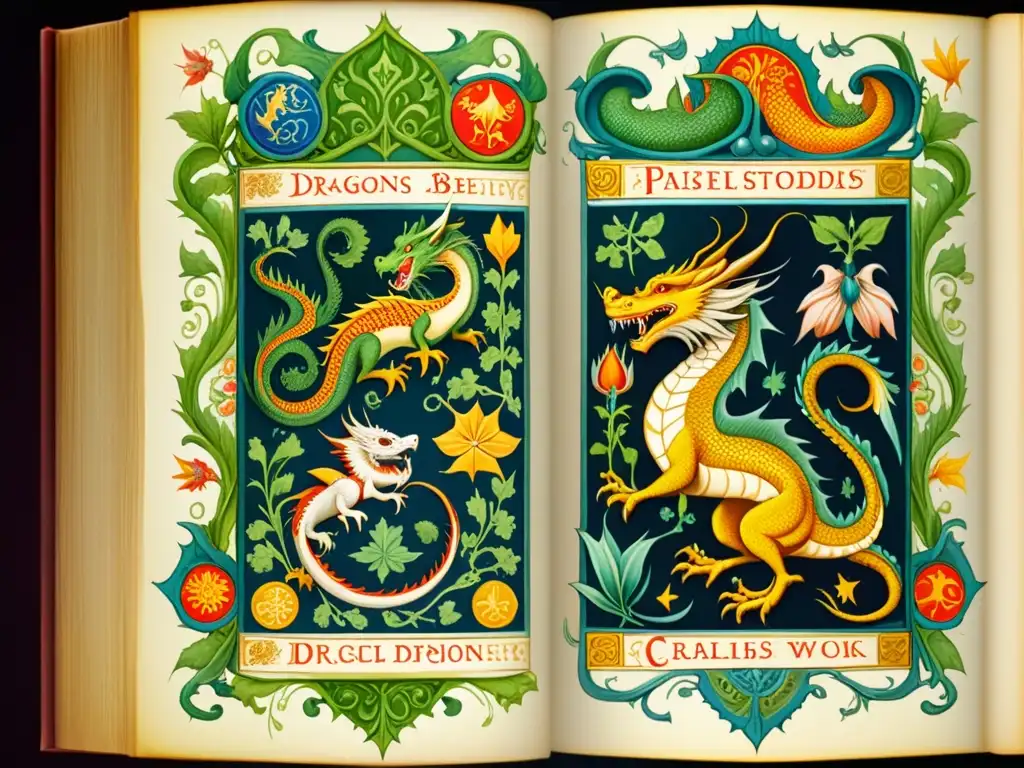 Detalle ilustración bestiario medieval, dragones y reptiles míticos, colores vibrantes, fantasía medieval, origen mitológico reptiles