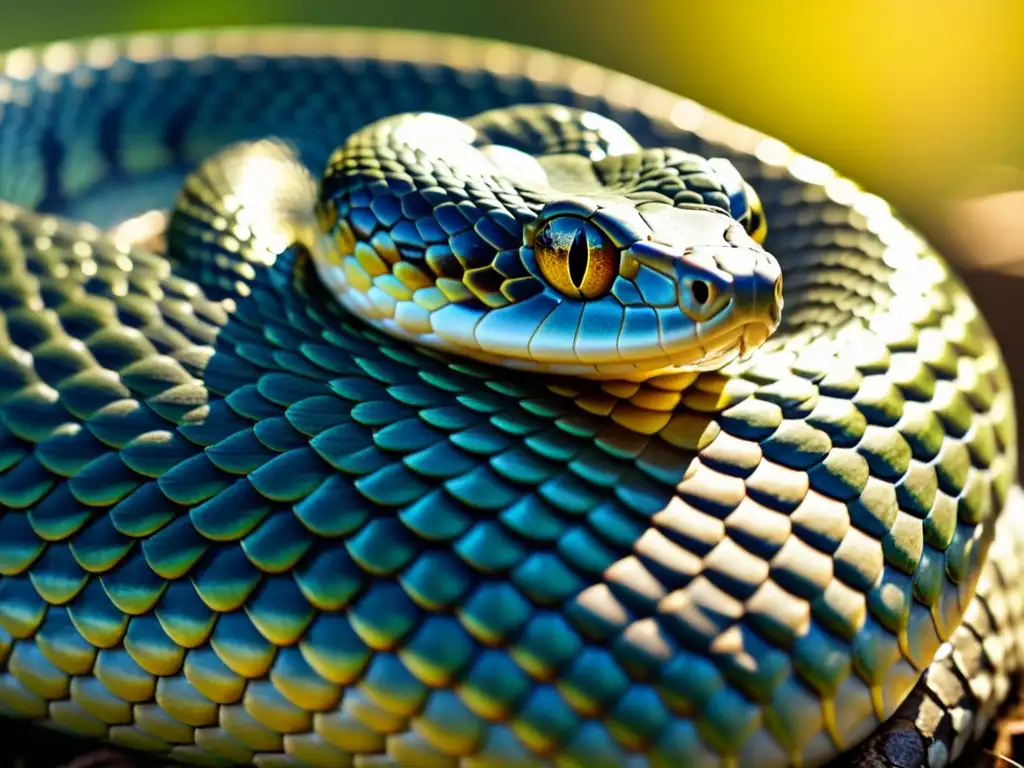 Detalle del brillo de las escamas de una serpiente al sol, revelando sus patrones únicos y la adaptación para hibernación y estivación en reptiles