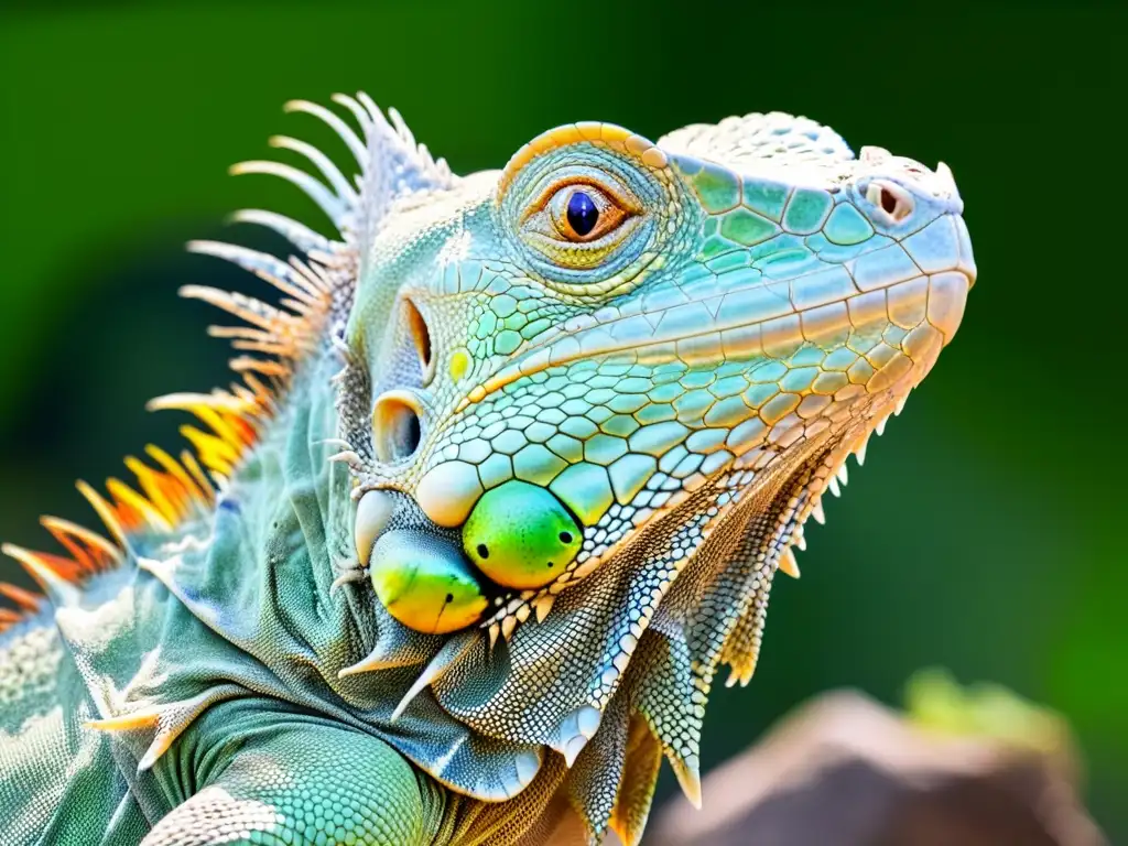 Detalle de la cabeza de una iguana con escamas vibrantes y ojos claros, mostrando signos de infecciones respiratorias