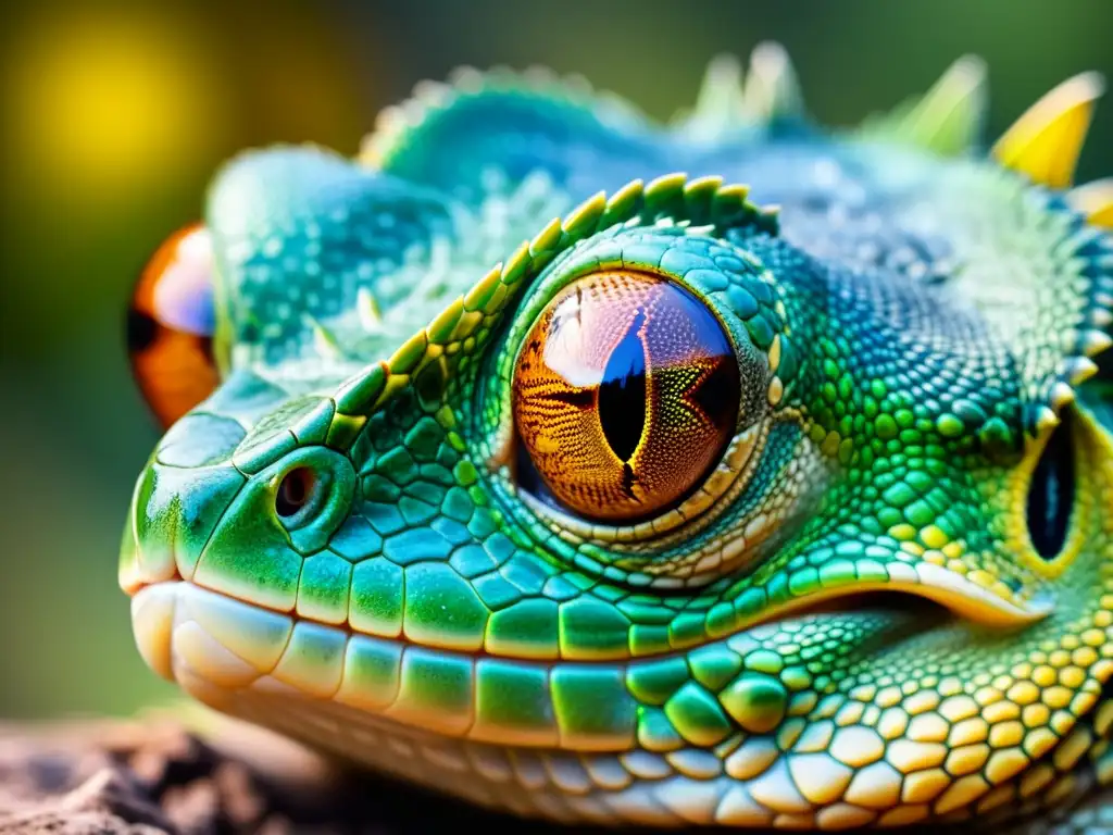 Detalle de la cabeza y ojos de un reptil, con escamas vibrantes y expresión focalizada, mostrando signos de convulsiones en reptiles