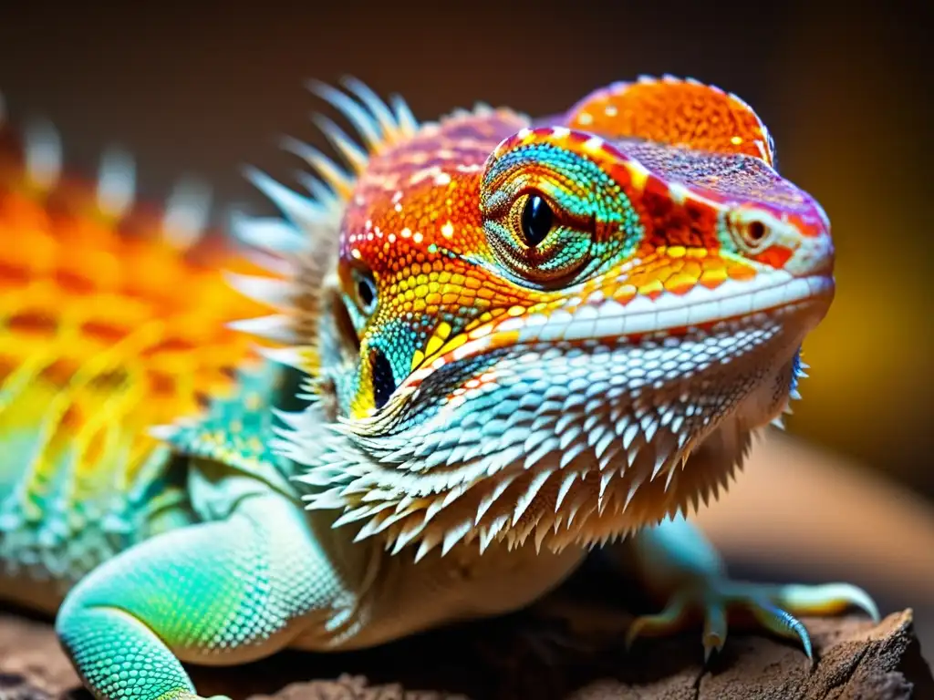 Detalle de un dragón barbudo bajo lámpara de calor, mostrando sus escamas, colorido y mirada alerta