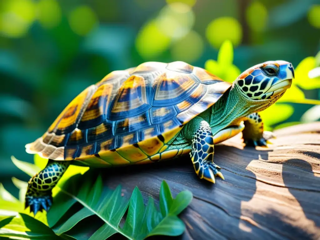 Detalle de caparazón de tortuga iluminado por el sol, mostrando sus adaptaciones de supervivencia en la naturaleza