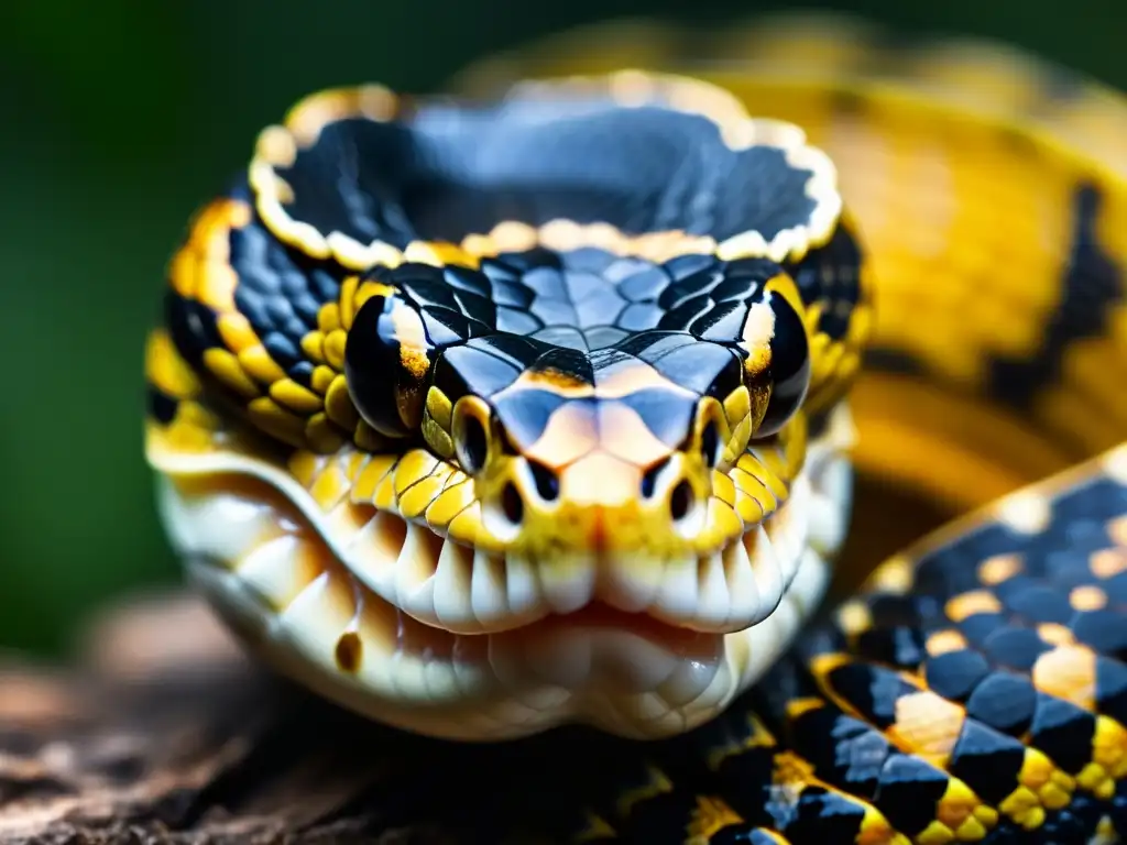 Detalle en alta definición de un colmillo de serpiente venenosa goteando veneno, destacando texturas y patrones de las escamas