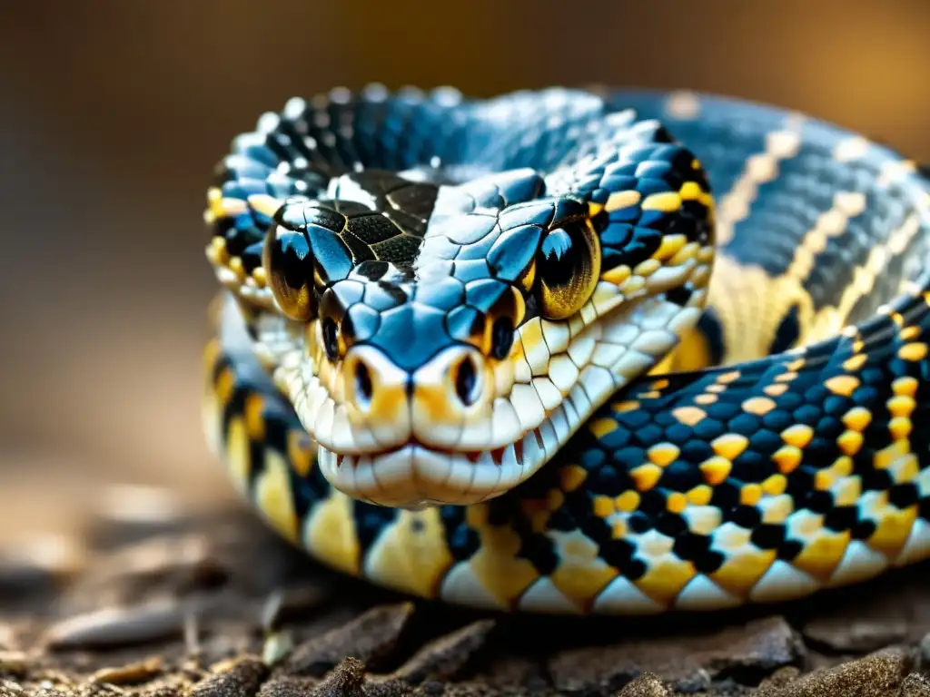 Detalle de alta resolución de colmillos venenosos de una serpiente, con gotas de veneno reluciendo