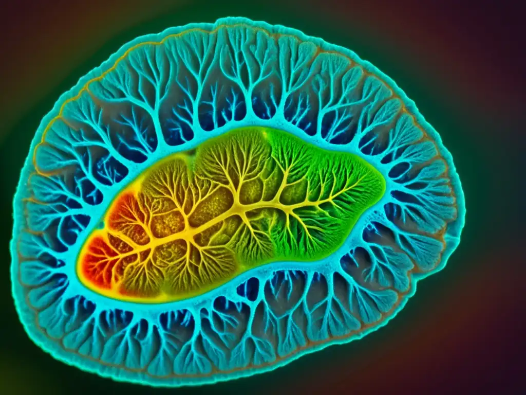 Detalle colorido del cerebro de reptil bajo microscopio, mostrando complejidad neural