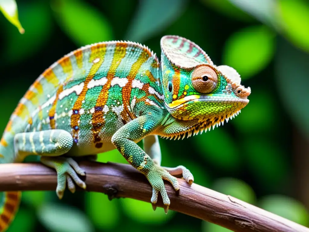 Detalle de un camaleón colorido en su hábitat tropical, mostrando sus efectos del cambio climático en reptiles