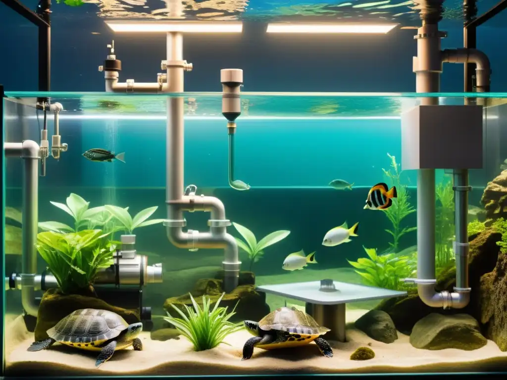 Detalle del complejo sistema de filtración en acuario para tortugas acuáticas, mostrando precisión y tecnología