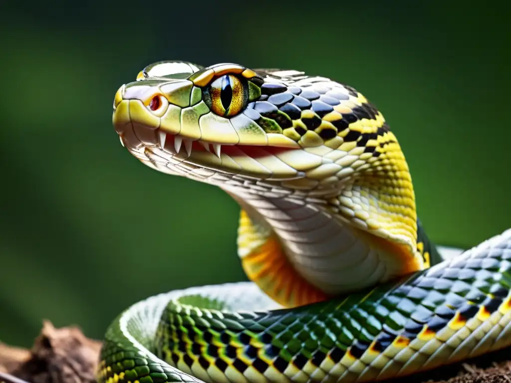 Detalle del comportamiento de comunicación en reptiles: lengua bífida de serpiente en acción, textura de escamas y mirada intensa