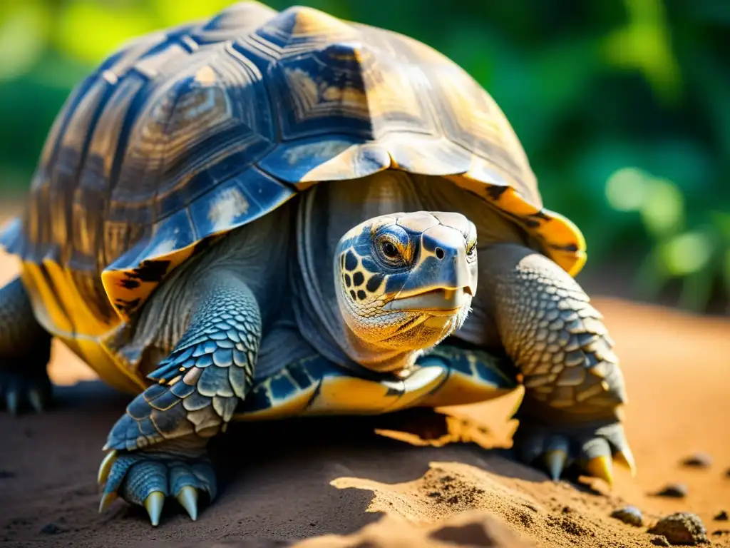 Detalle de la concha de una tortuga centenaria, mostrando la textura resistente que cuenta siglos de vida y la sabiduría natural